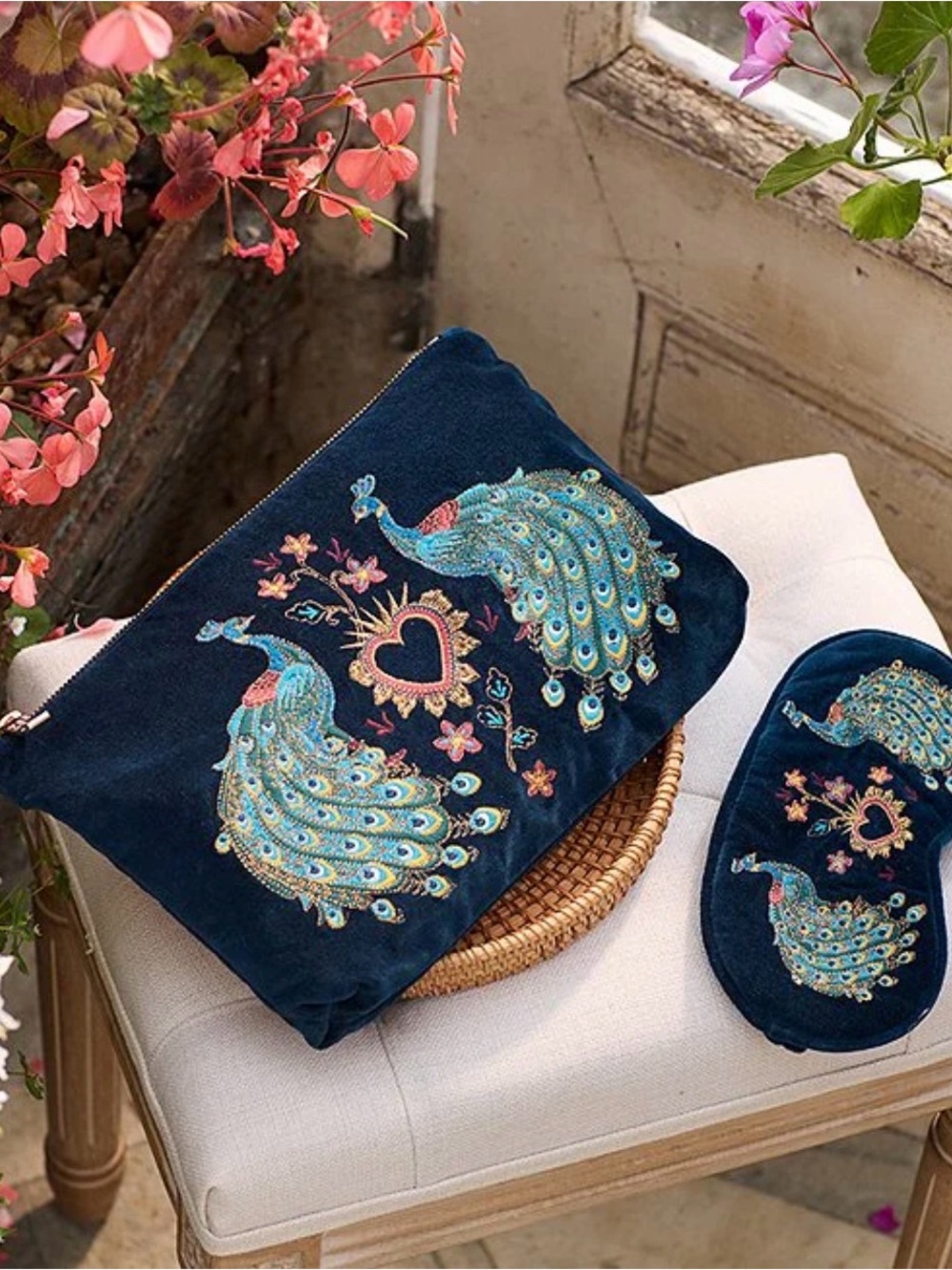 Elizabeth Scarlett Embroidered Peacock Velvet Everyday Pouch